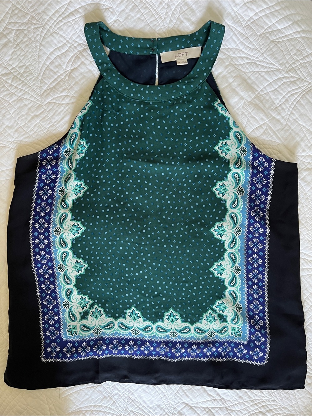 LOFT Green and Navy Printed Halter Top
